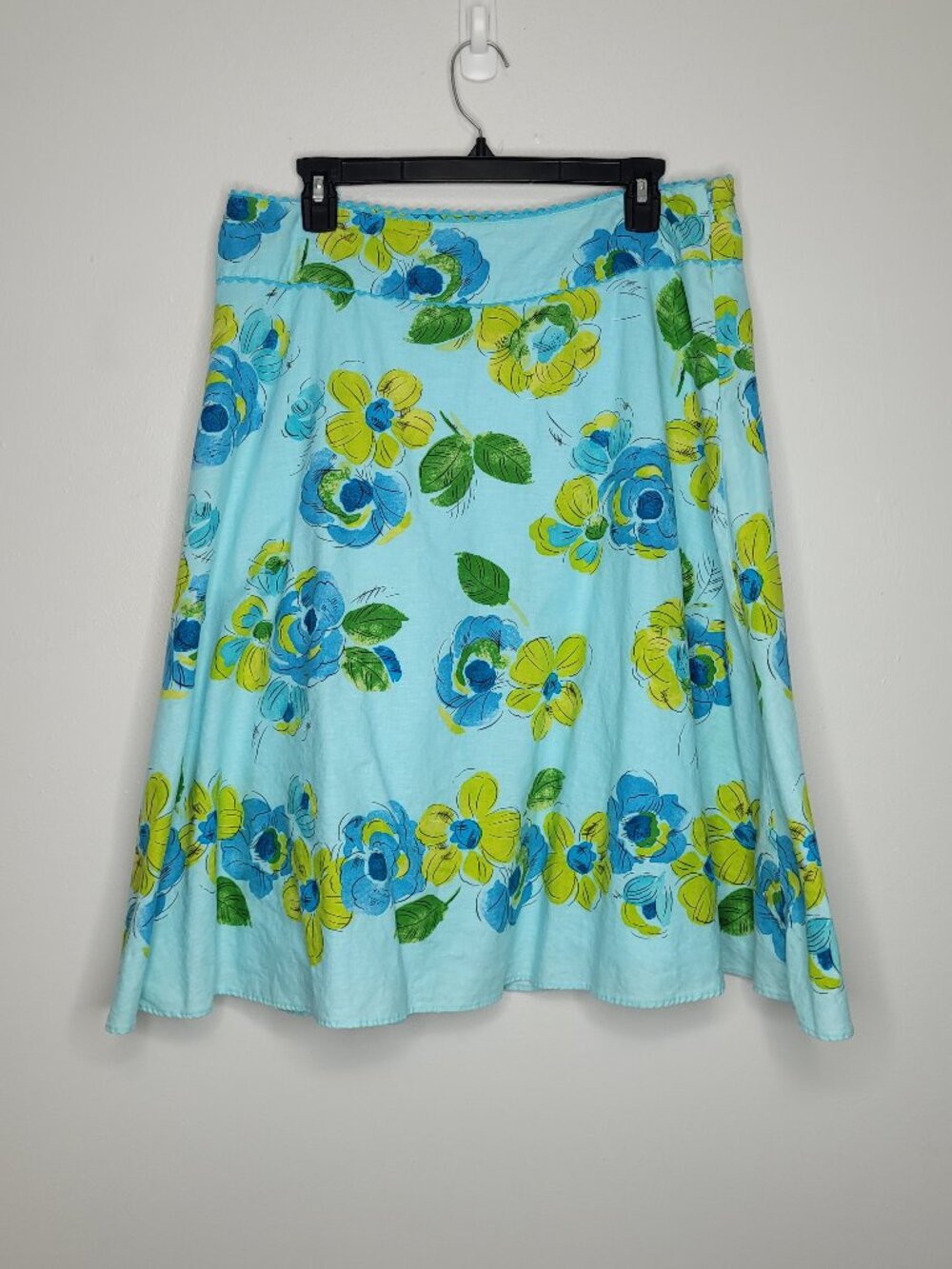 Liz Claiborne blue green linen blend flower print a line cute skirt size 14